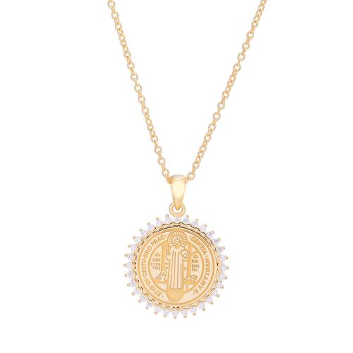 Medalla San Benito marco de circonias dorada