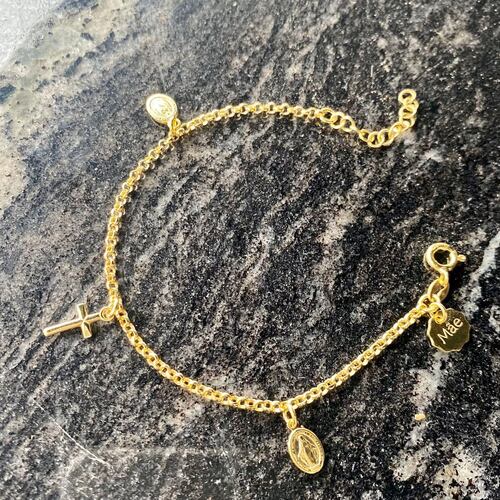 Pulsera Virgen de Guadalupe, Medalla Milagrosa y Cruz dorada