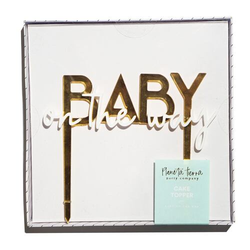 Cake topper acrílico gold y blanco "Baby on the way"