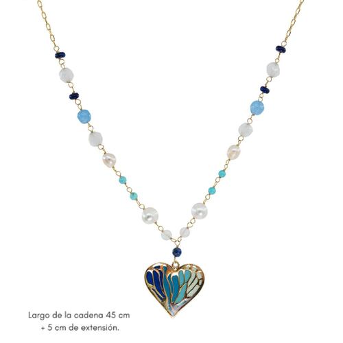 Collar Perlas y Piedras Naturales Dije de Corazón Azul Bañado en Oro Ablime