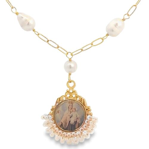 Collar Con Perla Medalla De La Virgen Chaquira Blanca Ablime