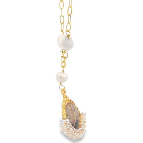 Collar Con Perla Medalla De La Virgen Chaquira Blanca Ablime
