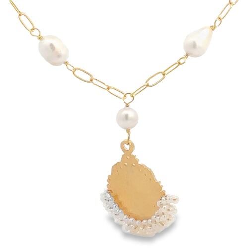 Collar Con Perla Medalla De La Virgen Chaquira Blanca Ablime