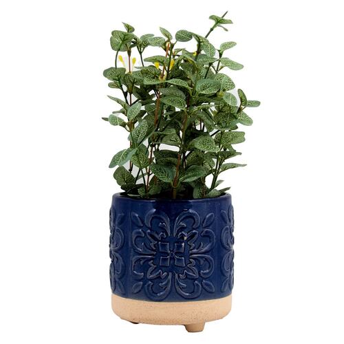 Maceta de cerámica color azul con planta artificial