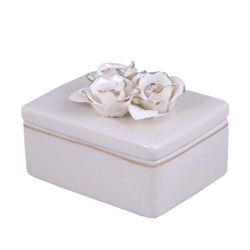 Home Nature joyero de cerámica con tapa diseño rectangular con flores doradas 12*9*8 cm
