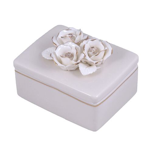 Home Nature joyero de cerámica con tapa diseño rectangular con flores doradas 12*9*8 cm