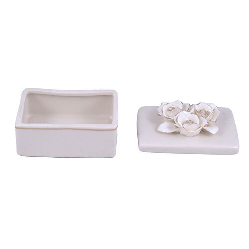 Home Nature joyero de cerámica con tapa diseño rectangular con flores doradas 12*9*8 cm