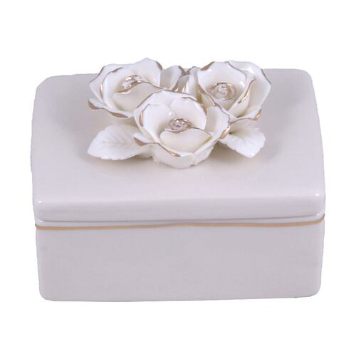Home Nature joyero de cerámica con tapa diseño rectangular con flores doradas 12*9*8 cm