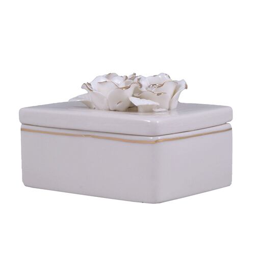 Home Nature joyero de cerámica con tapa diseño rectangular con flores doradas 12*9*8 cm