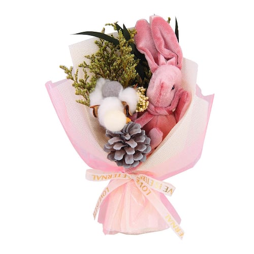 Conejo Rosa de Peluche con Flores de 40 cm en caja