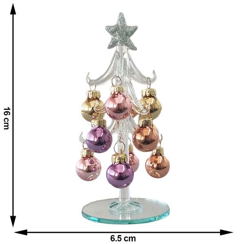 Figura navideña de vidrio árbol transparente 15 cm esferas pastel metálicas