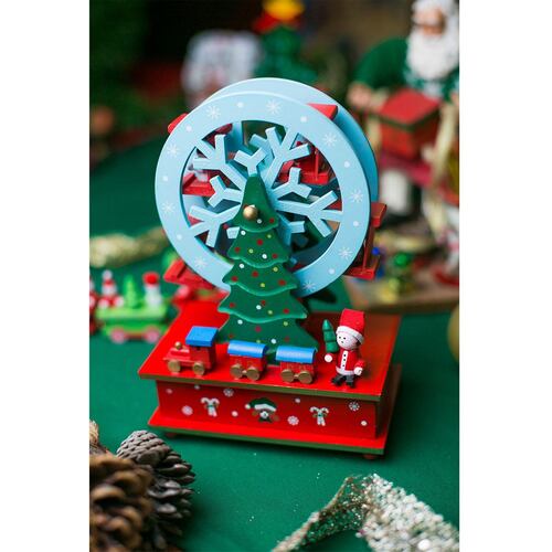 Adorno navideño con caja musical rueda de la fortuna