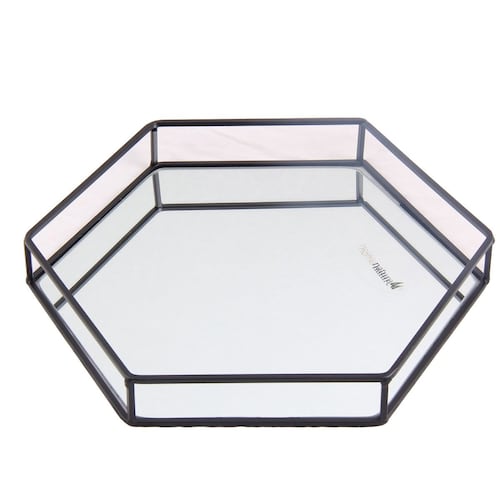 HOME NATURE CHAROLA DECORATIVA DE METAL Y VIDRIO FORMA HEXAGONAL COLOR NEGRO 30*26*4 CM