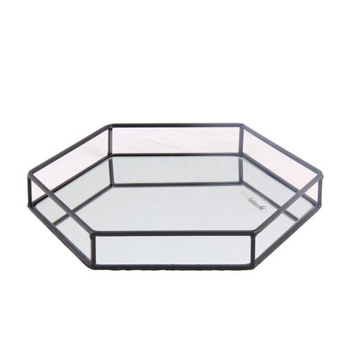 HOME NATURE CHAROLA DECORATIVA DE METAL Y VIDRIO FORMA HEXAGONAL COLOR NEGRO 30*26*4 CM