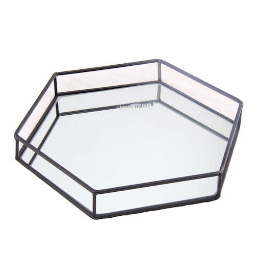 HOME NATURE CHAROLA DECORATIVA DE METAL Y VIDRIO FORMA HEXAGONAL COLOR NEGRO 30*26*4 CM