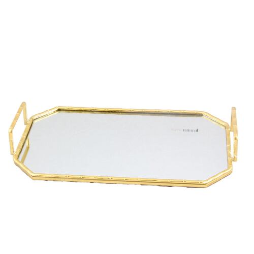 HOME NATURE CHAROLA DECORATIVA VERSALLES DE METAL Y VIDRIO CON ASAS COLOR DORADO 37*22*5 CM