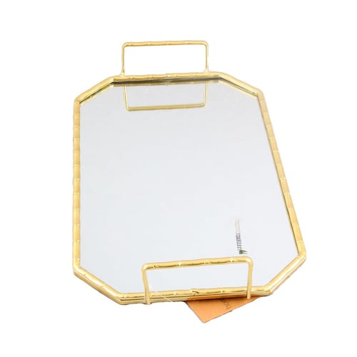 HOME NATURE CHAROLA DECORATIVA VERSALLES DE METAL Y VIDRIO CON ASAS COLOR DORADO 37*22*5 CM