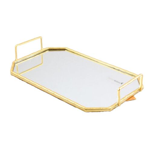 HOME NATURE CHAROLA DECORATIVA VERSALLES DE METAL Y VIDRIO CON ASAS COLOR DORADO 37*22*5 CM