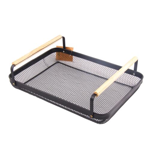 Home Nature Charola De Metal New York Color Negro Con Asas De Madera 40.5*31.5*5 Cm