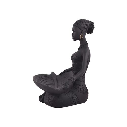 Home Nature Figura Decorativa Color Negro Mujer Africana Con Bandeja En Forma De Hoja 22.5+26*16 Cm