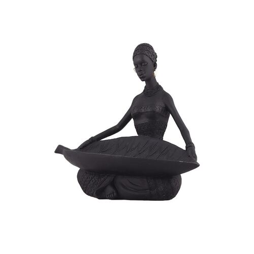 Home Nature Figura Decorativa Color Negro Mujer Africana Con Bandeja En Forma De Hoja 22.5+26*16 Cm