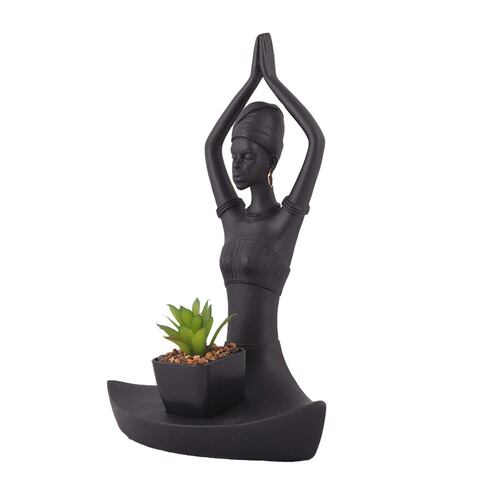 Home Nature Figura Decorativa Mujer Africana Yoga Con Planta 29*19.5*11.5 Cm