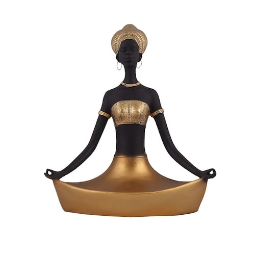 Home Nature Figura Decorativa Mujer Africana Yoga Color Dorado Y Negro Con Bandeja 24*22*14 Cm