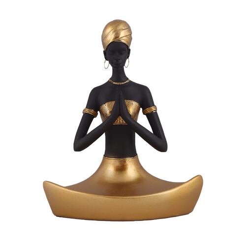 Home Nature Figura Decorativa Mujer Africana Yoga Color Dorado Y Negro Con Bandeja 24*19.5*11 Cm