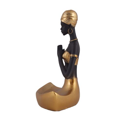 Home Nature Figura Decorativa Mujer Africana Yoga Color Dorado Y Negro Con Bandeja 24*19.5*11 Cm