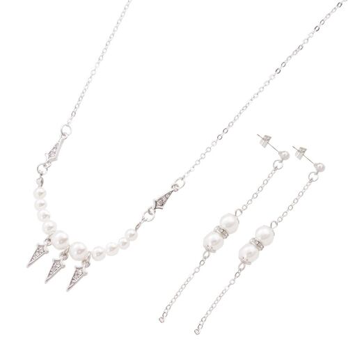 Juego de Dama con Perlas y Aretes Largos Chapa de Rodio Unlimited by OB