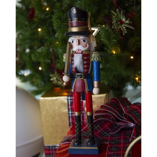 Figura Decorativa Edición Navidad Cascanueces Azul Glitter y Rojo 38 cm con Espada Running Decora