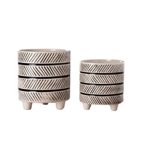 Juego de 2 maceteros Seúl redondos de cerámica color beige con soporte Home Nature