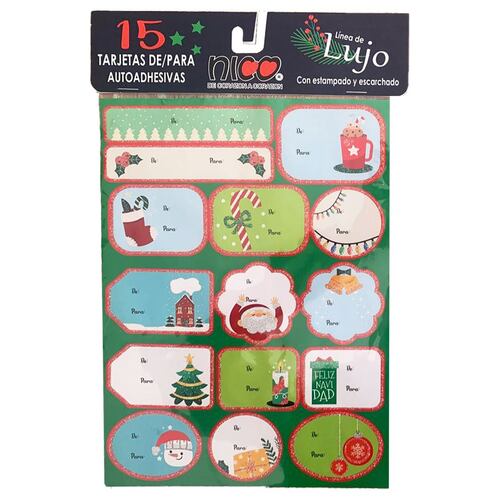 Tarjetas Autoadhesivas De/Para con Estampado y Escarchado Edición Navidad 15 Piezas Nico