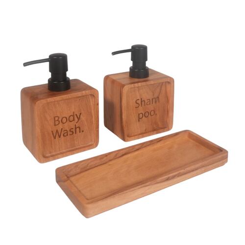 Juego de Baño de Madera 3 Piezas, 2 Dispensadores y Bandeja Home Nature