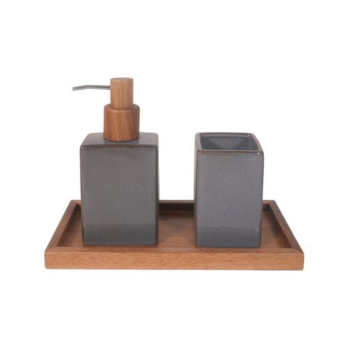 Juego de Baño Dai 3 Piezas de Cerámica Color Gris y Madera, Vaso, Dispensador y Bandeja Home Nature
