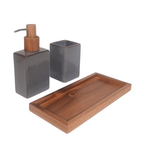 Juego de Baño Dai 3 Piezas de Cerámica Color Gris y Madera, Vaso, Dispensador y Bandeja Home Nature
