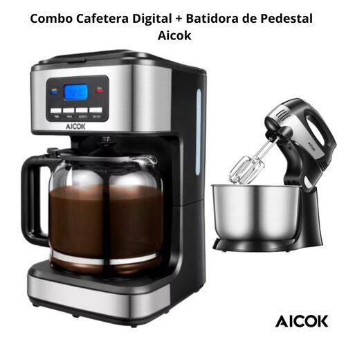 Set Cafetera Digital 12 Tazas + Batidora de Pedestal Aicok