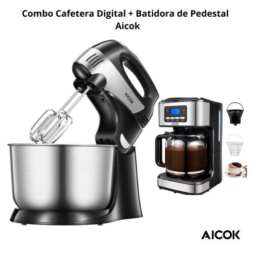 Set Cafetera Digital 12 Tazas + Batidora de Pedestal Aicok