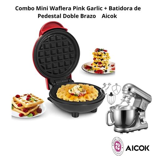 Set Mini Waflera Pink Garlic + Batidora de Pedestal Doble Brazo Aicok