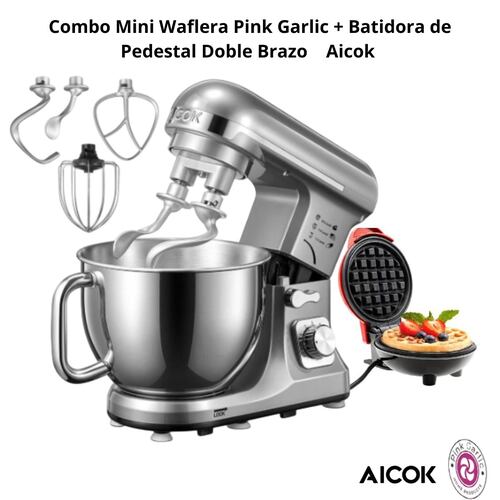 Set Mini Waflera Pink Garlic + Batidora de Pedestal Doble Brazo Aicok