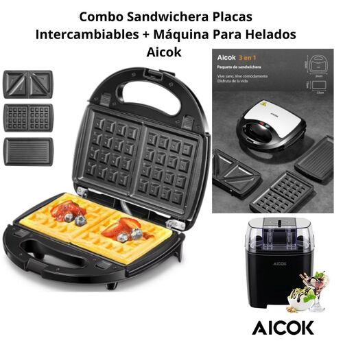 Set Sandwichera Placas Intercambiables + Maquina para Helados Aicok
