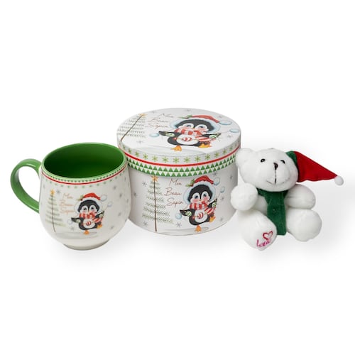Caja Navidad con Oso De Peluche y Taza de Cerámica 16 Oz Pingüino