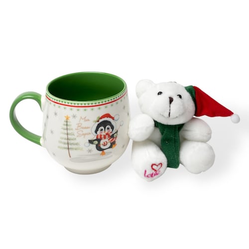 Caja Navidad con Oso De Peluche y Taza de Cerámica 16 Oz Pingüino