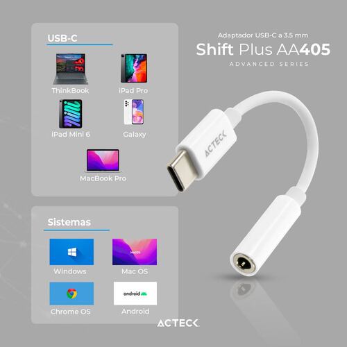 Adaptador USB C Jack 3.5 mm Shift Plus Acteck AA405