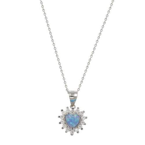 Dije en plata .925 forma de corazón con opalo azul y circonias blancas en acabado rodio.