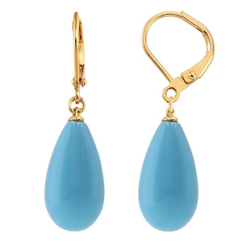 Aretes acabado dorado, perla de vidrio 10x18mm color turquesa