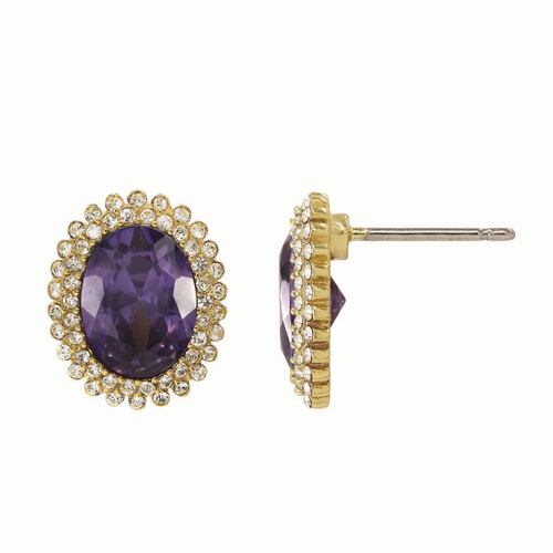 ARETES ACABADO DORADO CON CZ COLOR AMATISTA Y CRISTALES CARRÉ