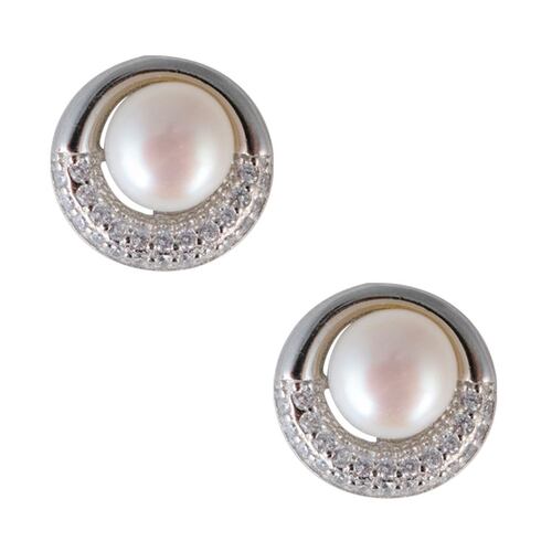 Aretes circulares  en rodio con perla de plata.925 y circonias artré .925