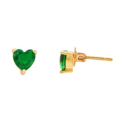 Studs De Corazón Con Circonia Color Esmeralda En Acabado Dorado Artré .925