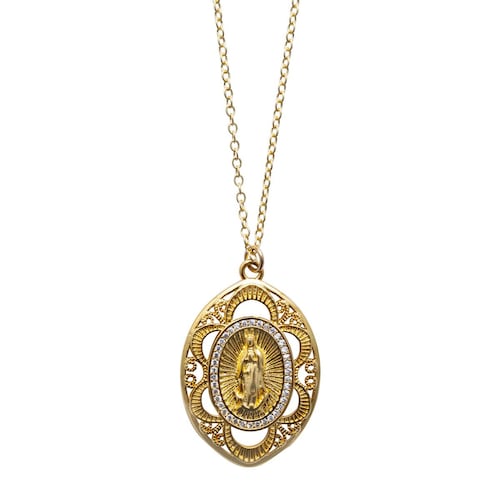 Medalla Grande De La Virgen Con Baño De Oro 18k Y Cubic Circonias Joyería Religiosa